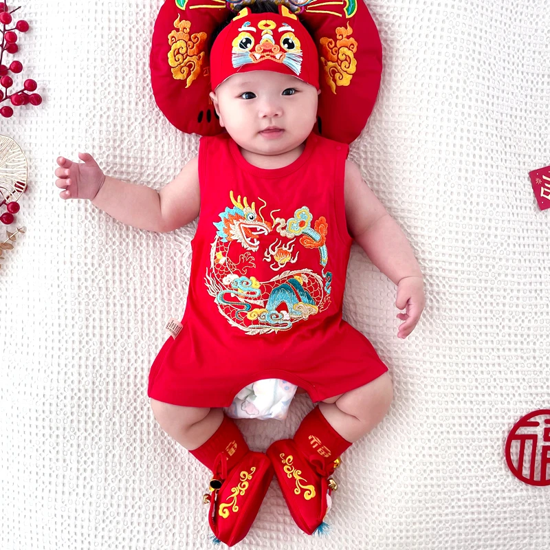 婴幼儿连脚五毒肚兜夏季新生宝宝背心护肚围半背衣中国风红色DD16