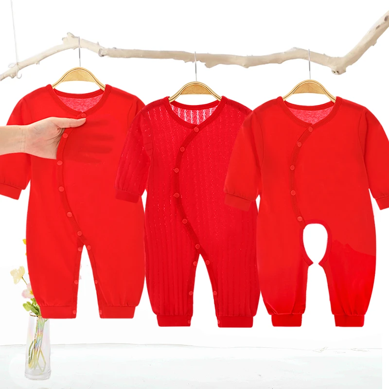 蛇年婴儿宝宝满月服红色A类纯棉连体衣夏季薄款衣服百日宴会礼服
