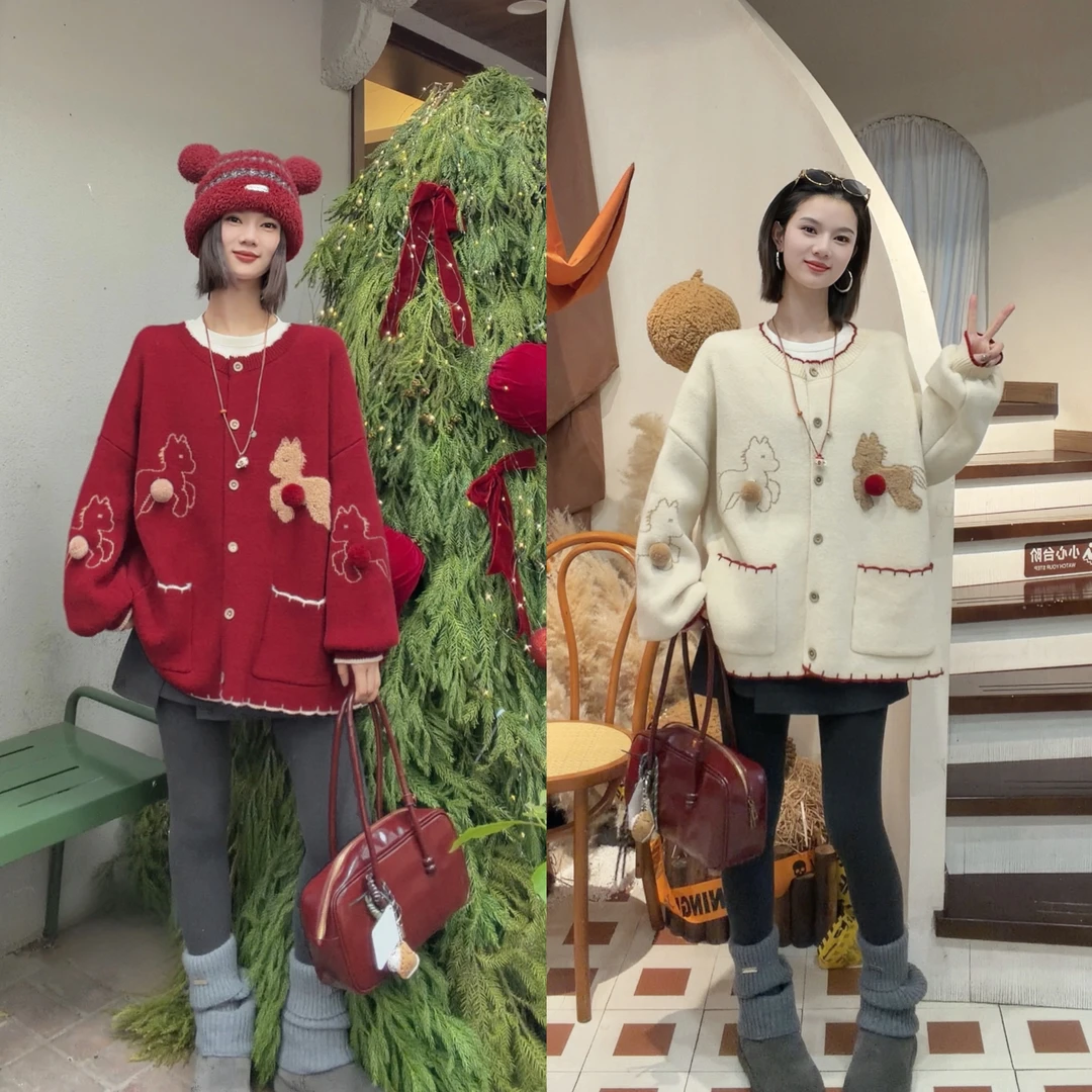 【SI MO】21702年货款慵懒撞色花边小马毛球毛衣外套