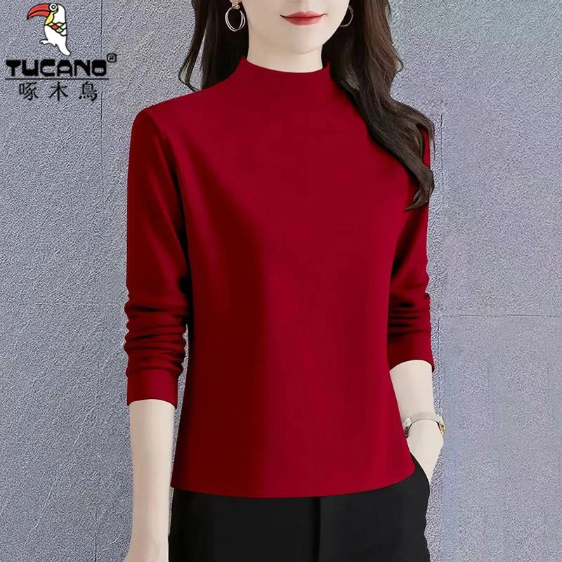 啄木鸟磨毛加绒保暖秋衣半高领德绒打底衫内搭秋冬新款女装女上衣