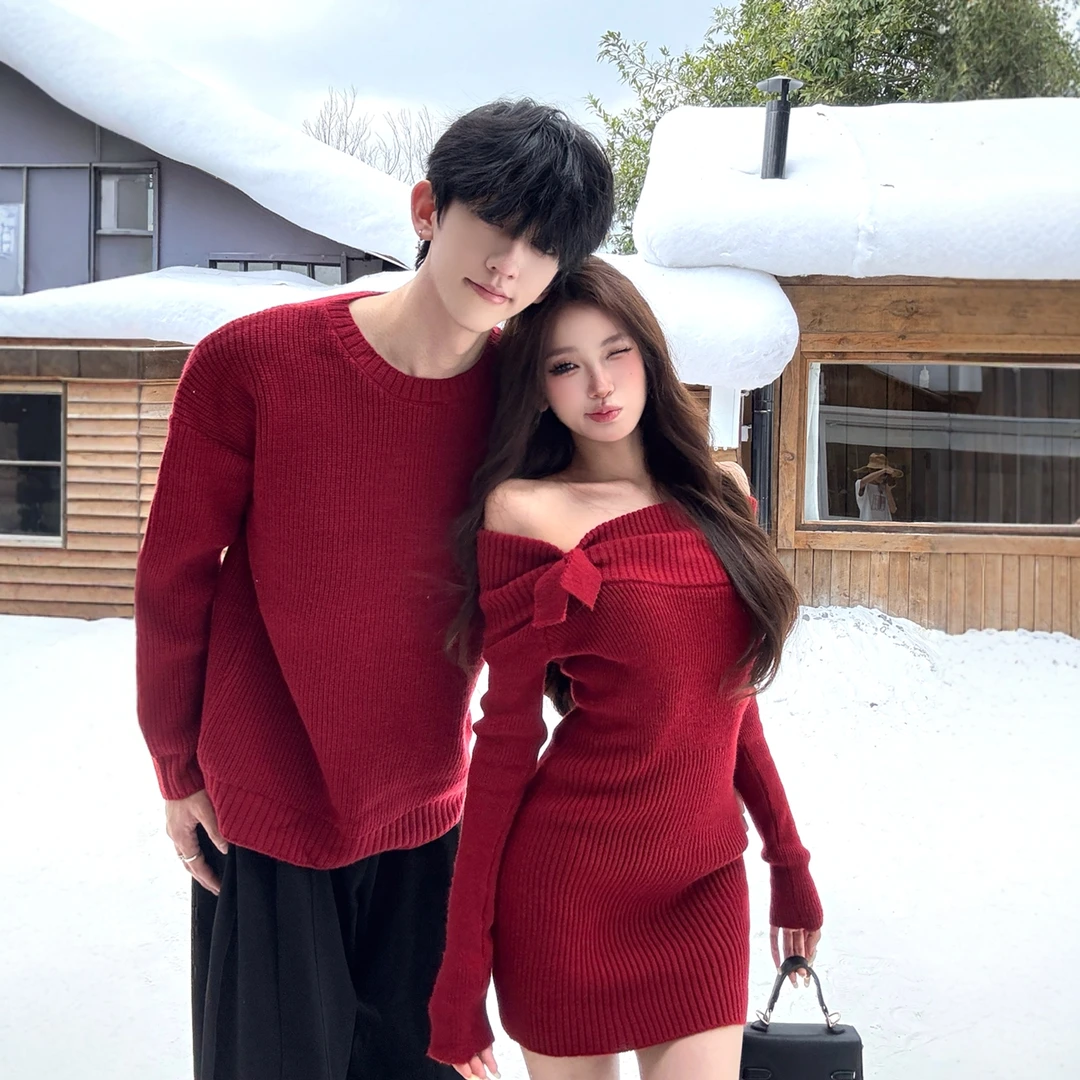 情侣装一裙一衣秋冬法式设计感针织连衣裙红色本命年毛衣时尚显瘦