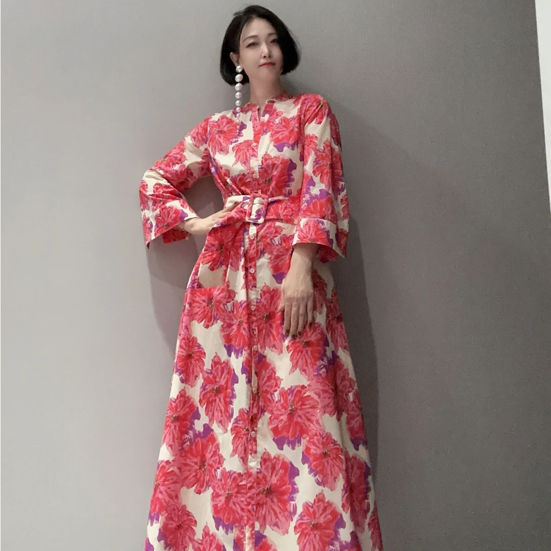 小众设计收腰精棉印花翻领中长袖连衣裙MD10358