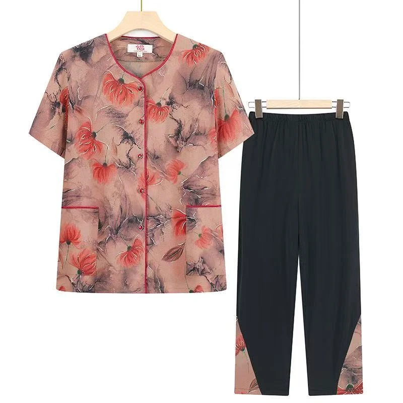 8786-中老年人夏装短袖衬衫套装女装妈妈夏季两件套衣服【F仓】