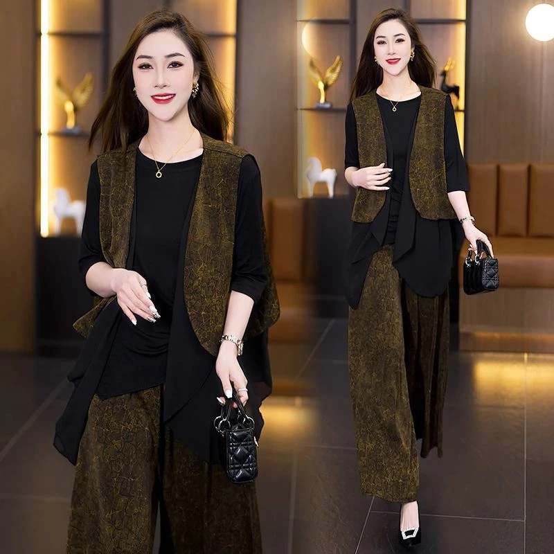 轻奢洋气高级感套装夏新款时尚提花马甲T恤宽松阔腿裤三件套