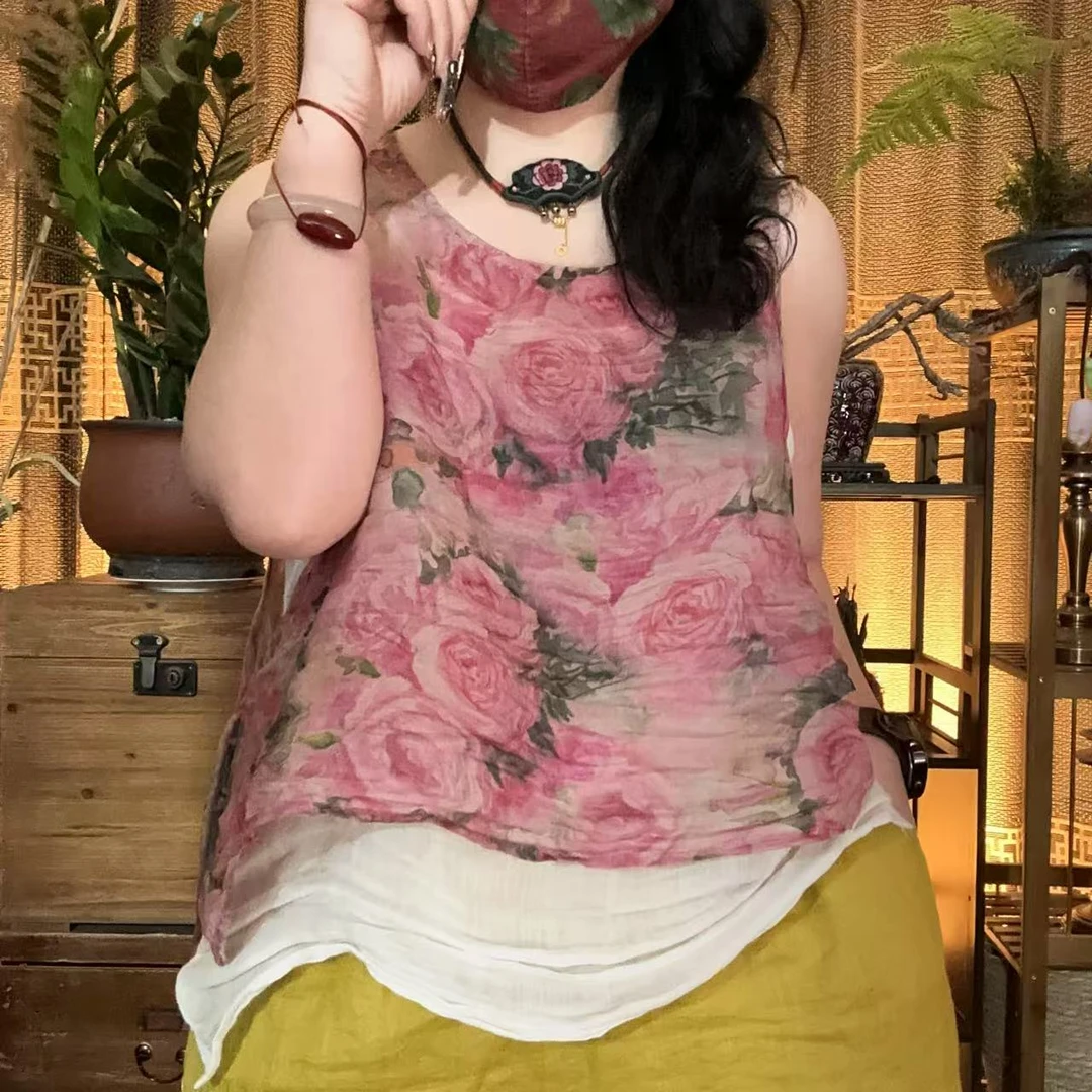 麻四--原创苎麻印花复古时尚百搭民族风夏季文艺两侧系带马甲