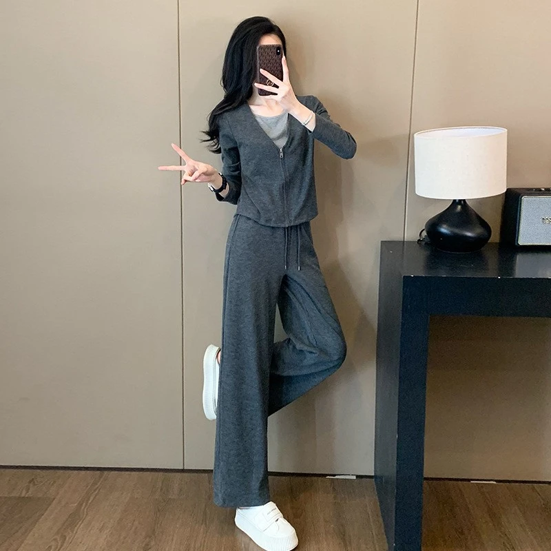 338--微胖大码女装显瘦V领假两件上衣+直筒阔脚长裤套装