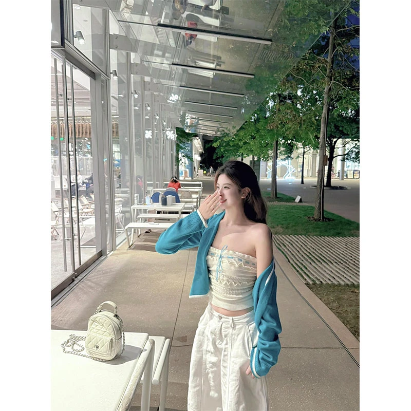 度假风长袖针织开衫辣妹系带别致抹胸背心白色休闲牛仔裤三件套女