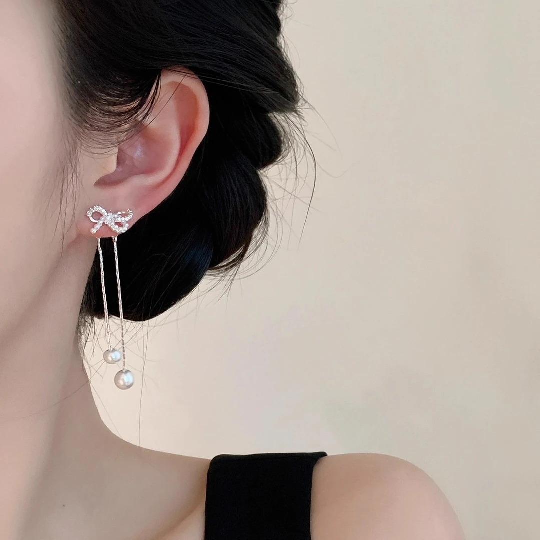 铜合金耳饰 超闪锆石蝴蝶结珠珠流苏耳环精致百搭耳钉显脸小耳饰