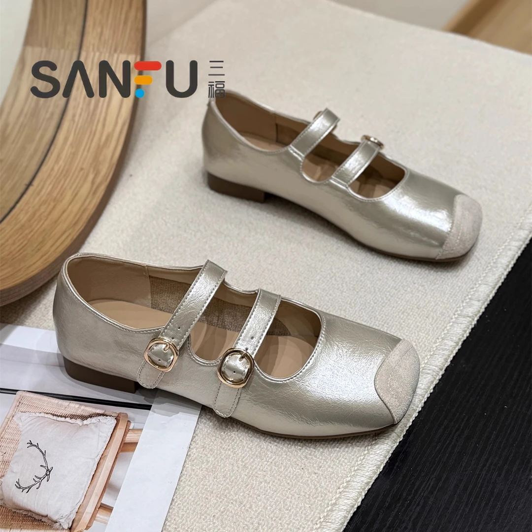 三福平底百搭一字带芭蕾单鞋女2025新款夏季复古方头玛丽珍小皮鞋