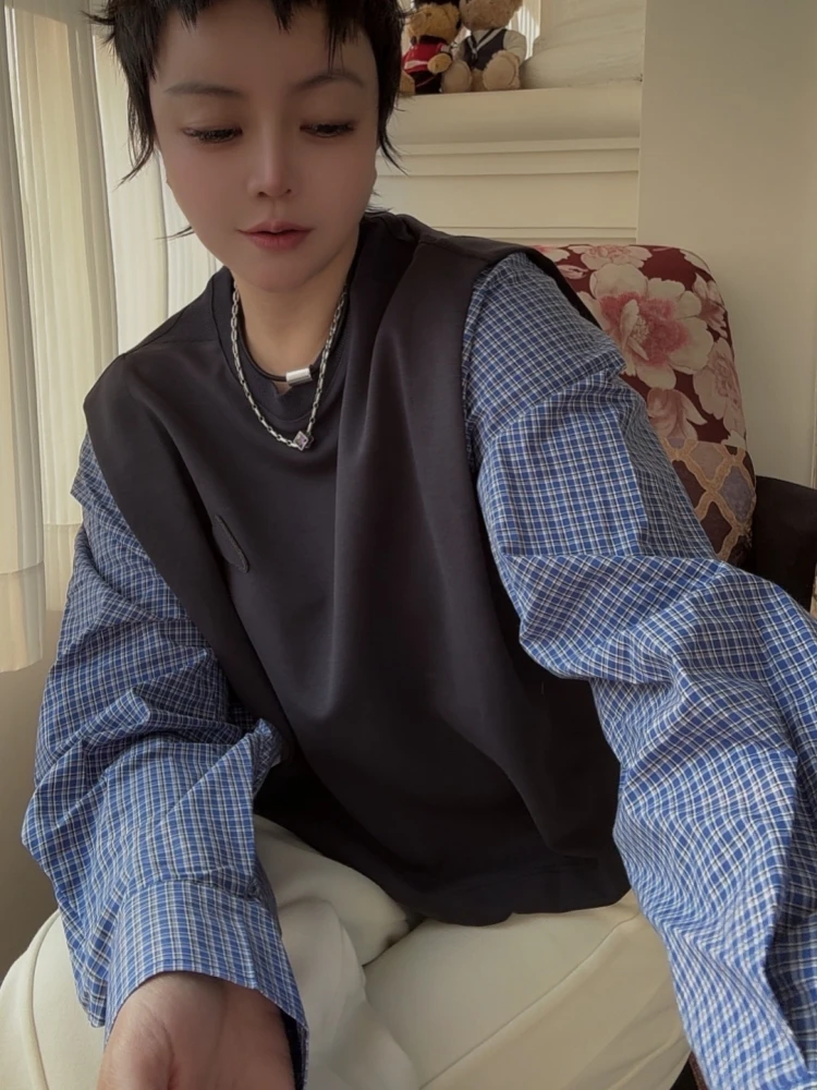 【济州岛】格纹拼接袖 三角标圆领短款卫衣