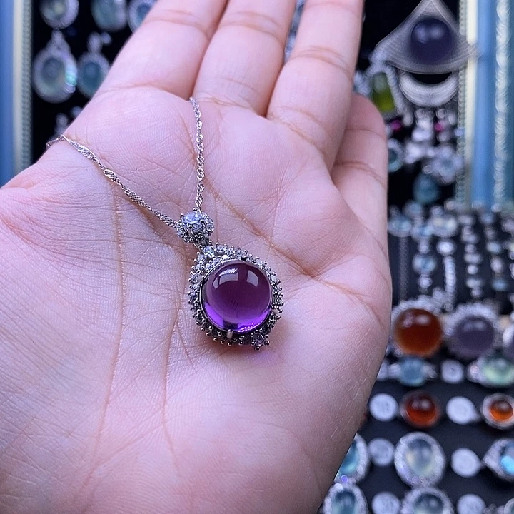 清***风紫晶颈饰银S925镶嵌吊坠