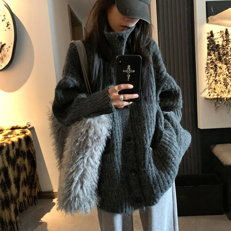 韩系秋冬穿搭慵懒高领毛衣外套女加厚松弛感宽松针织开衫软糯上衣