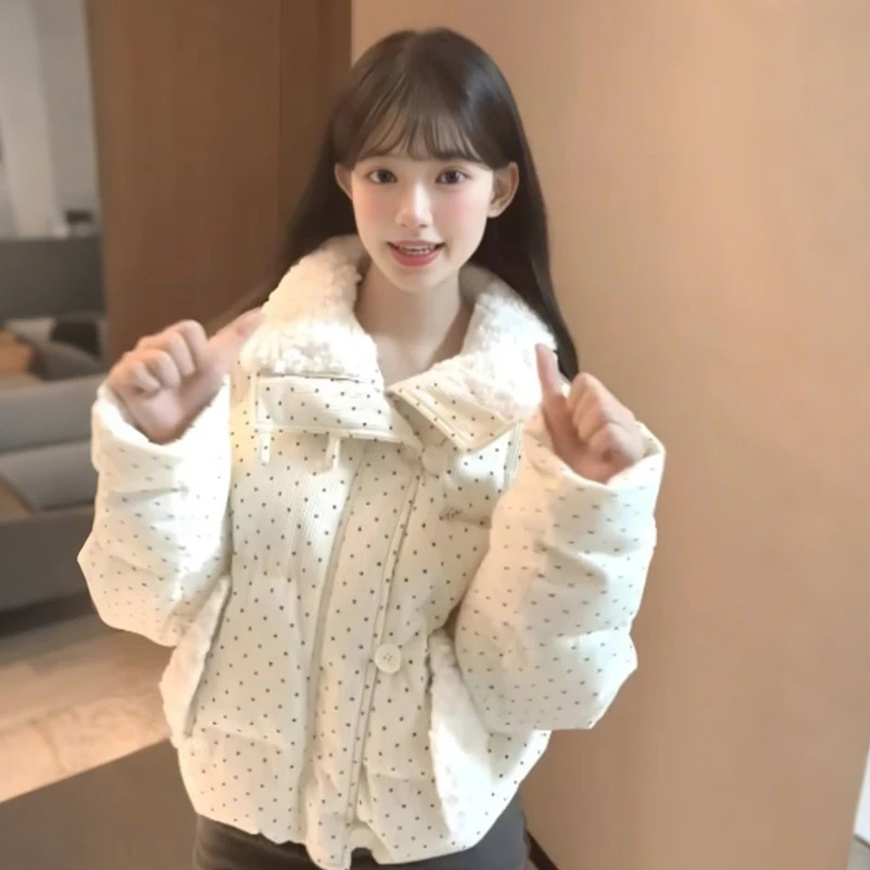 韩系波点毛领短款棉服外套女秋冬季甜美风宽松加厚保暖面包服
