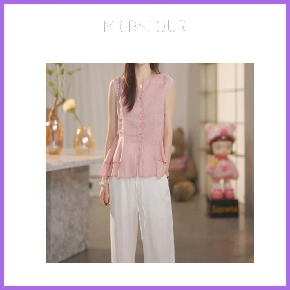 【粉红心事】2025夏法式荷叶边淑女苎麻无袖上衣770102