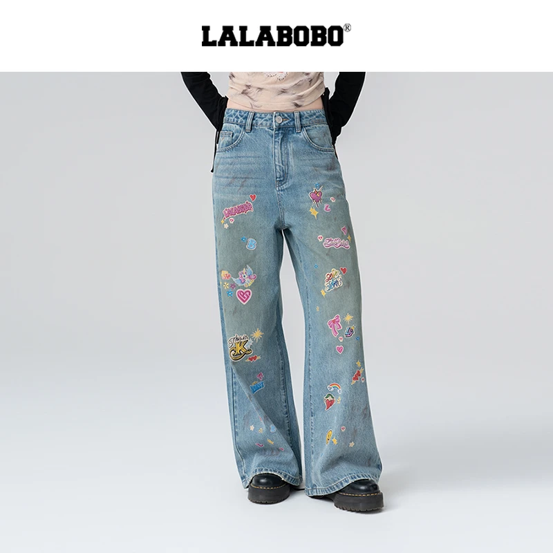 金源LALABOBO25新款印花水宽松休闲显瘦百搭牛仔长裤LBEA-WXZC32