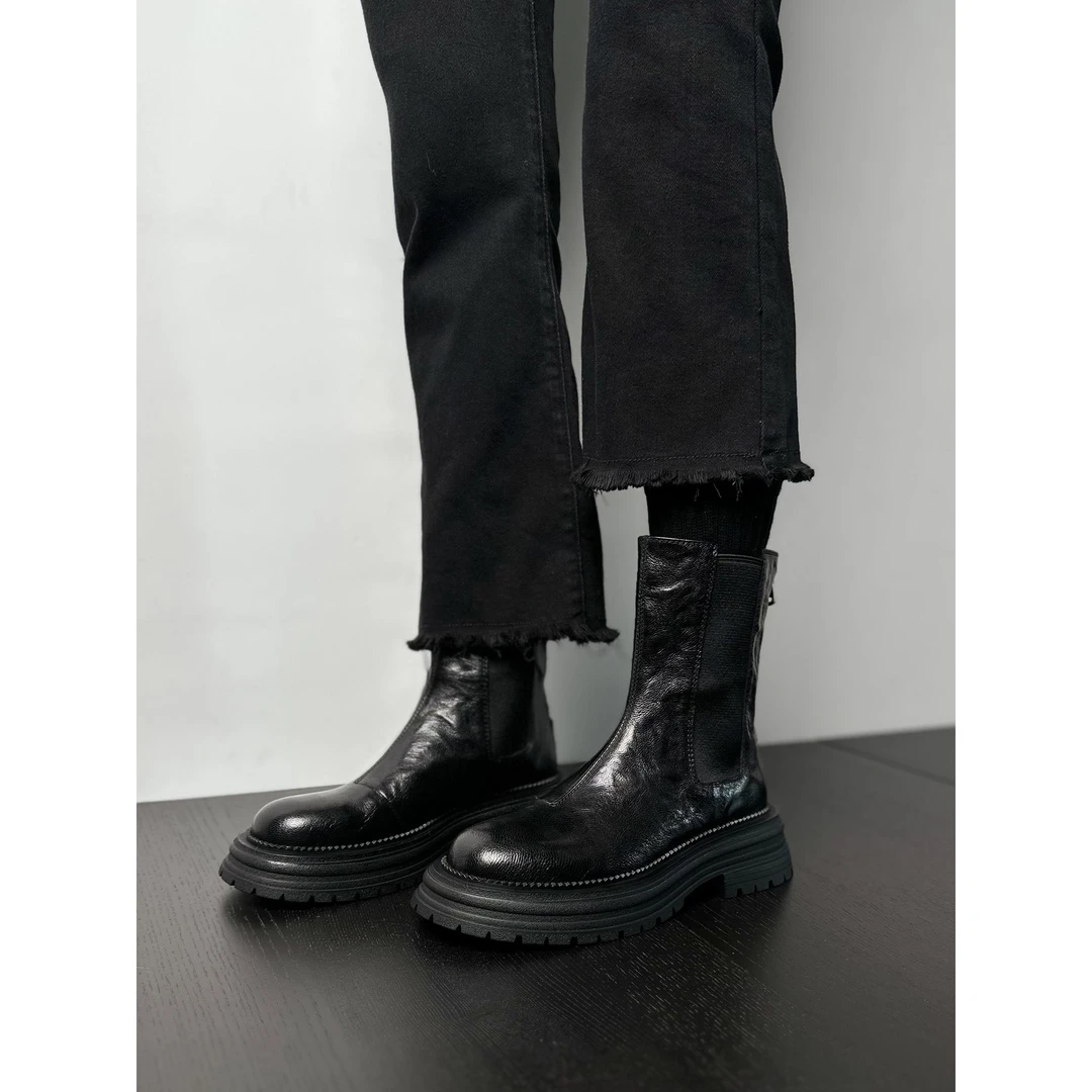 黑色中筒靴女英伦风显瘦厚底烟管靴后拉链短靴2024秋冬新款时装靴