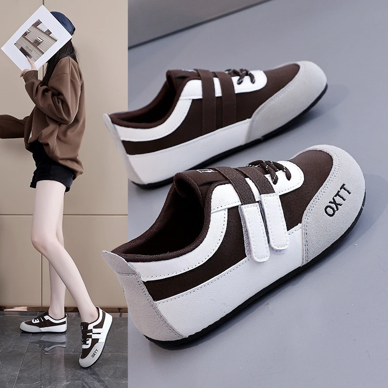 复古魔术贴圆头浅口单鞋女2025新款德训鞋配裙子平底小白板鞋187