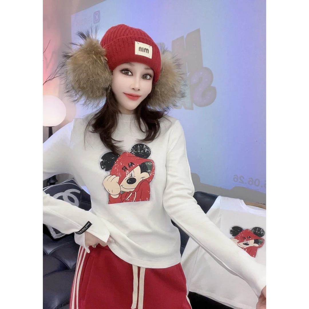 网红韩系卡通米奇长袖T恤女冬季新款时尚百搭洋气修身打底衫上衣