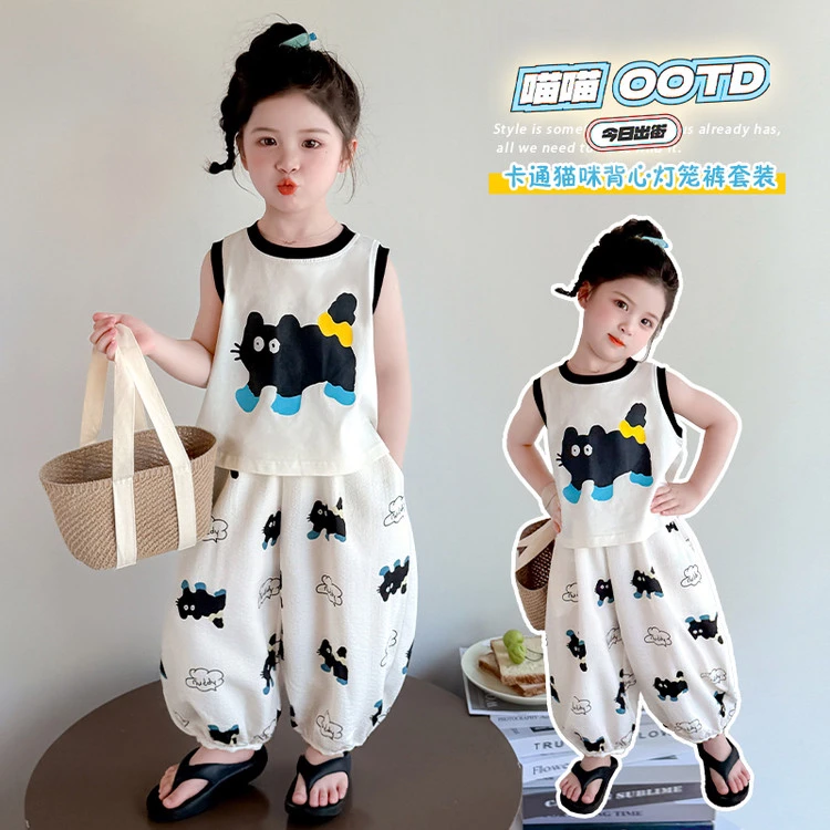 女童夏季套装卡通可爱猫咪印花无袖背心灯笼裤两件套