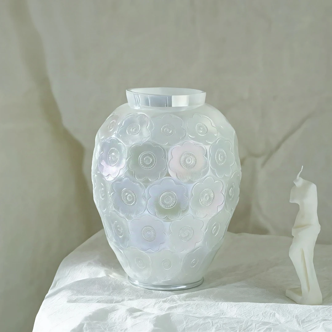 S浮雕藏品银莲葵花瓶水晶质感中古花瓶平替款七彩瓷白插花花器摆