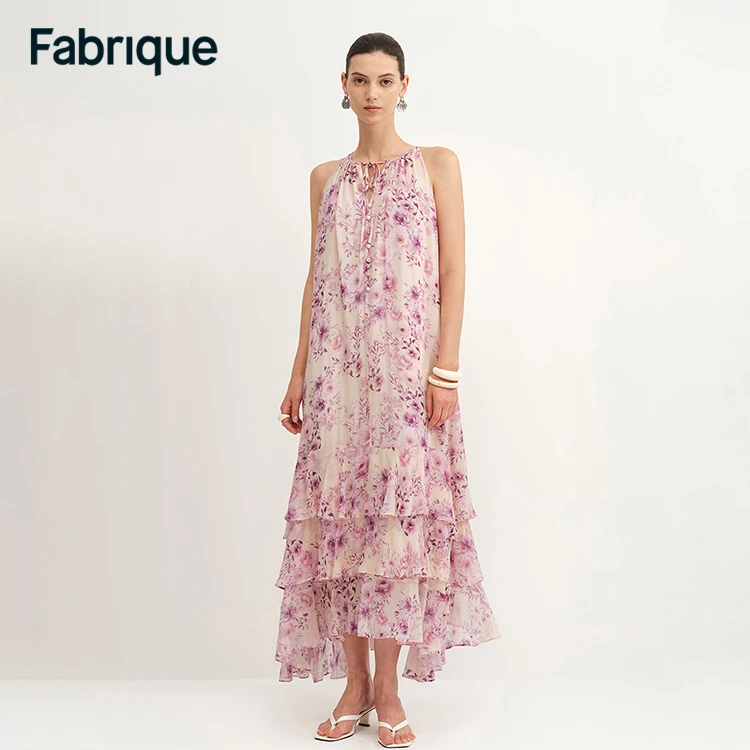 Fabrique Sally 春夏新款紫罗兰印花薄纱宽松飘逸仙女无袖连衣裙