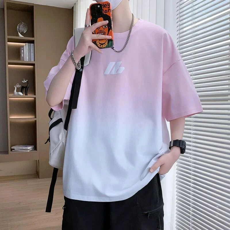 2020渐变色字母印花短袖T恤男夏季2025新款青少年圆领潮牌半2025