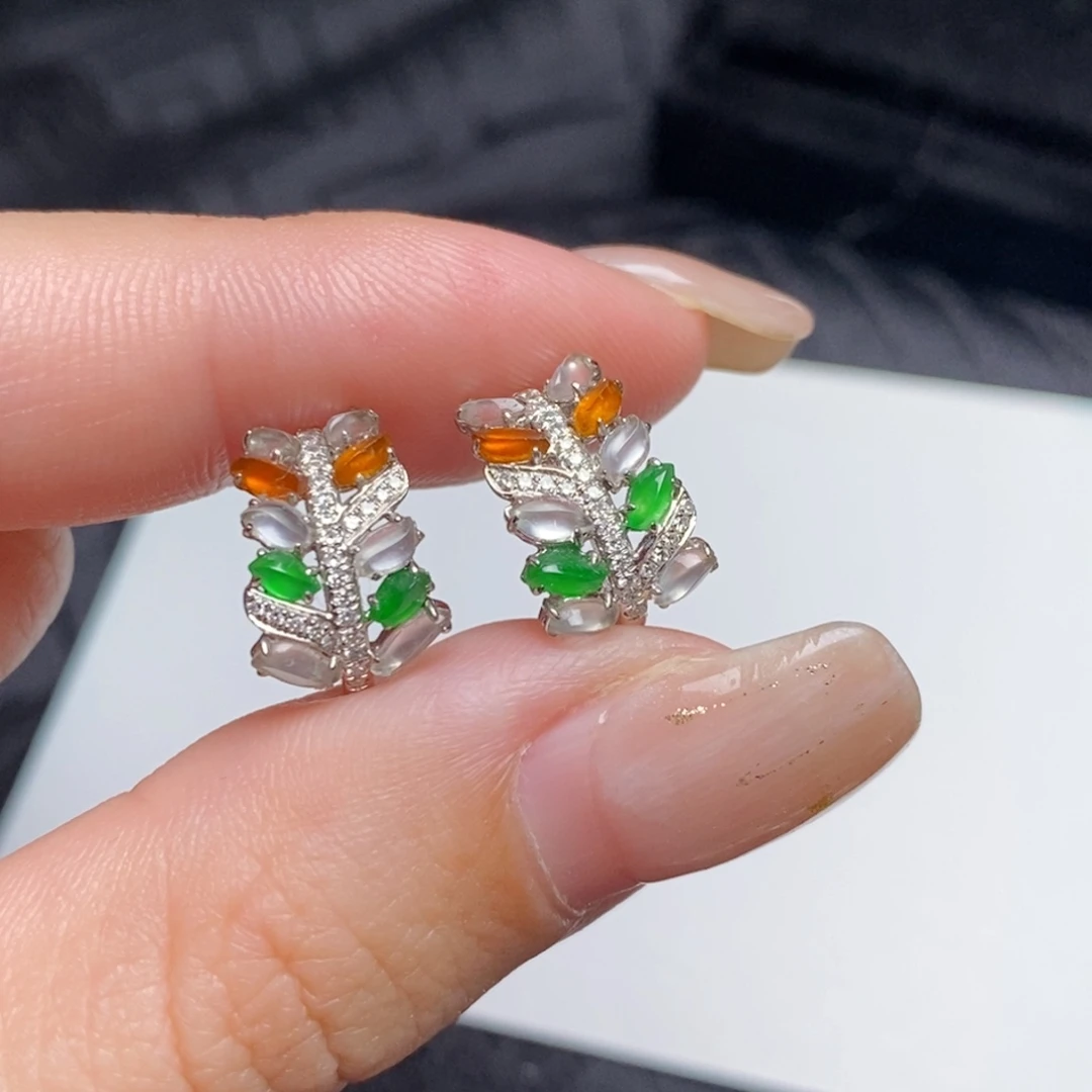 翡翠18K金镶嵌耳饰多宝随形麦穗耳扣