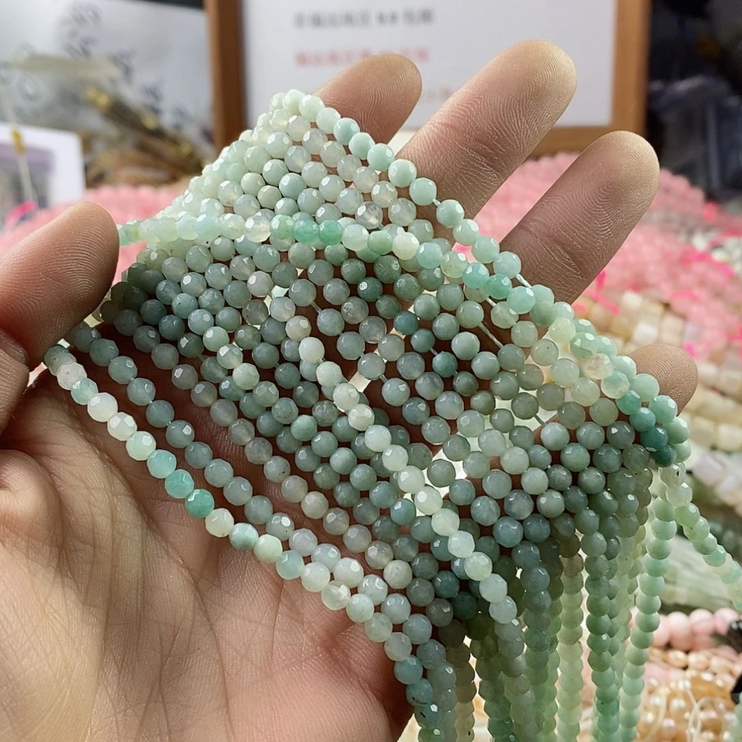 玛瑙/玉髓珠宝半成品合金一条天然4mm切面天河石圆珠