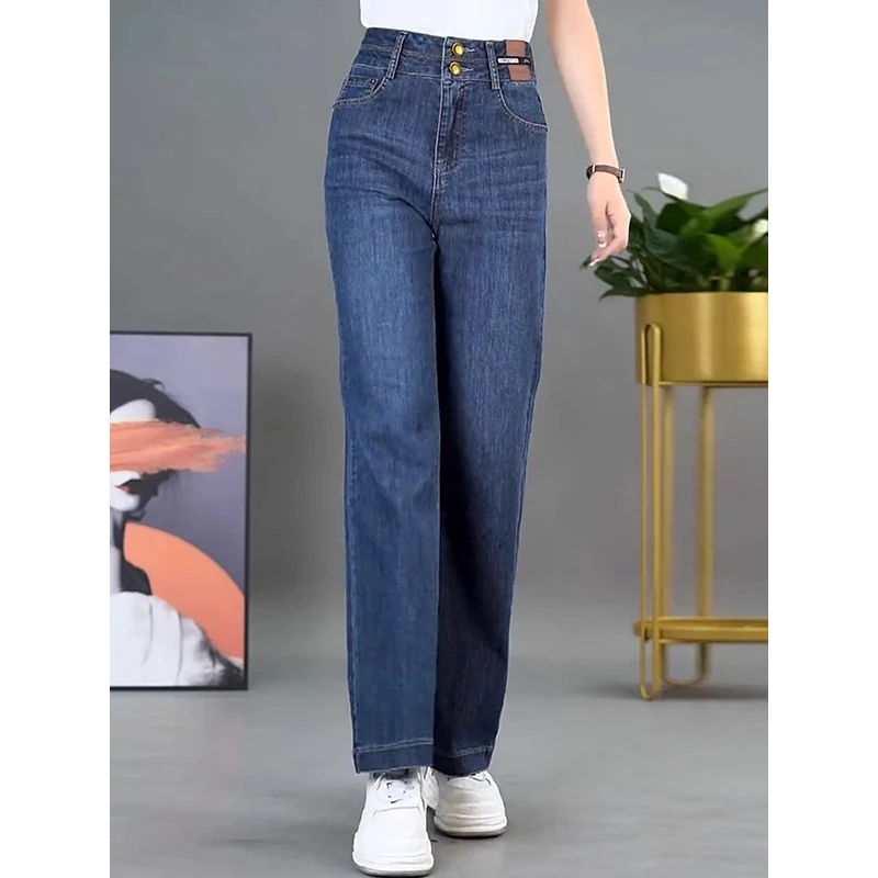 拉夏贝尔高腰阔腿牛仔裤女2025春秋季新款爆款宽松垂感窄版直筒裤