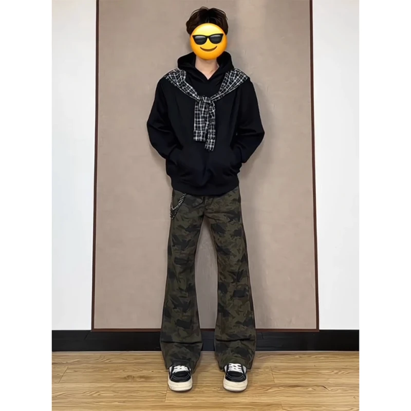复古微喇迷彩牛仔裤男款秋季美式高街vibe裤子提裆显高腿长弯刀裤