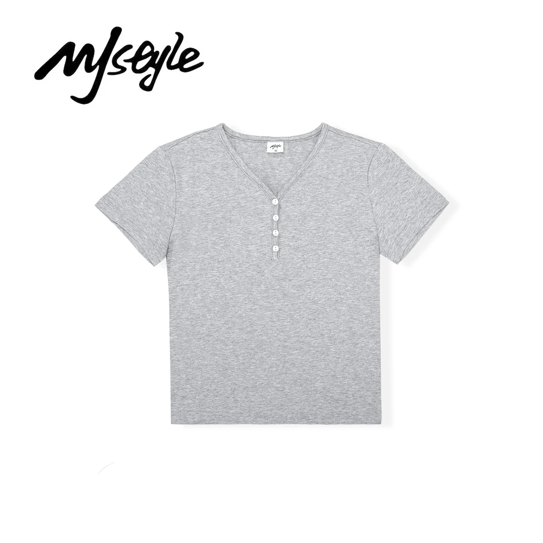 夏季复古正肩百搭V领排扣短袖T恤修身显瘦短款纯欲辣妹上衣女t