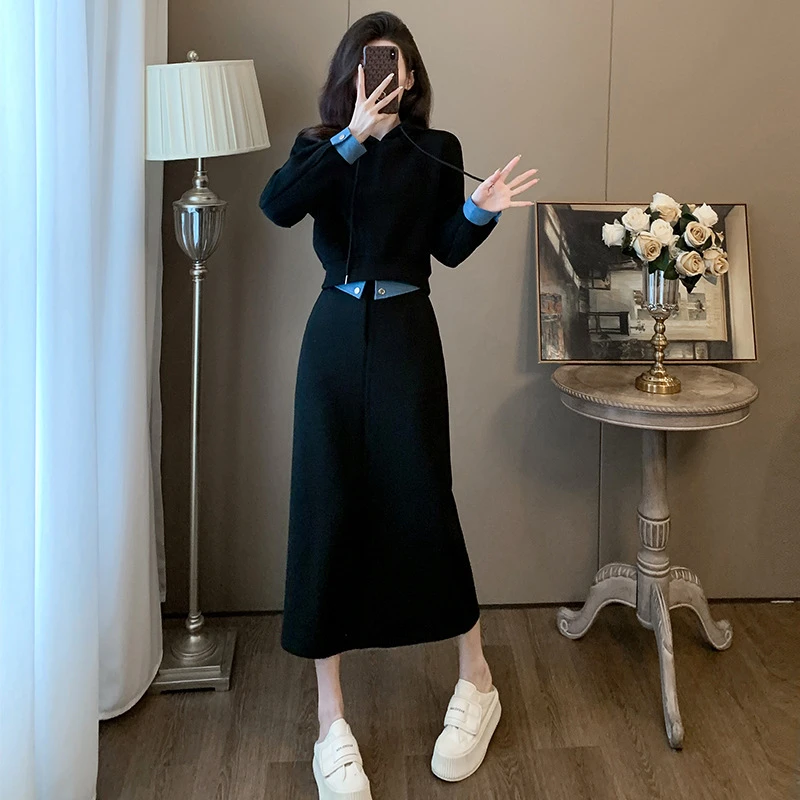 春季2025新款女装气质休闲运动套装女黑色显瘦修身卫衣半身裙两件