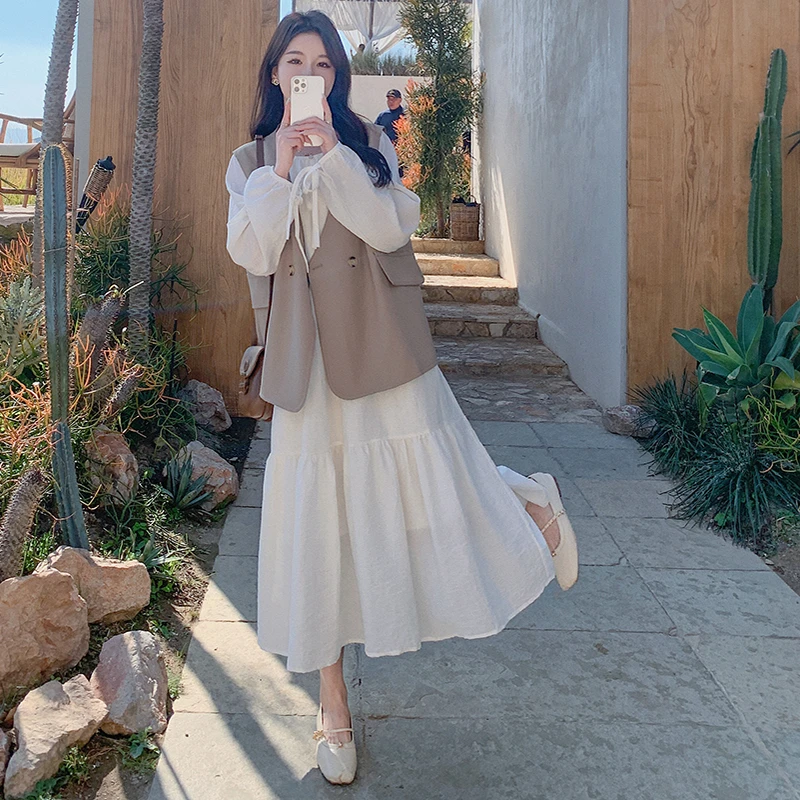 法式白色长袖连衣裙套装裙女春季2025新款西装马甲长裙好看两件套