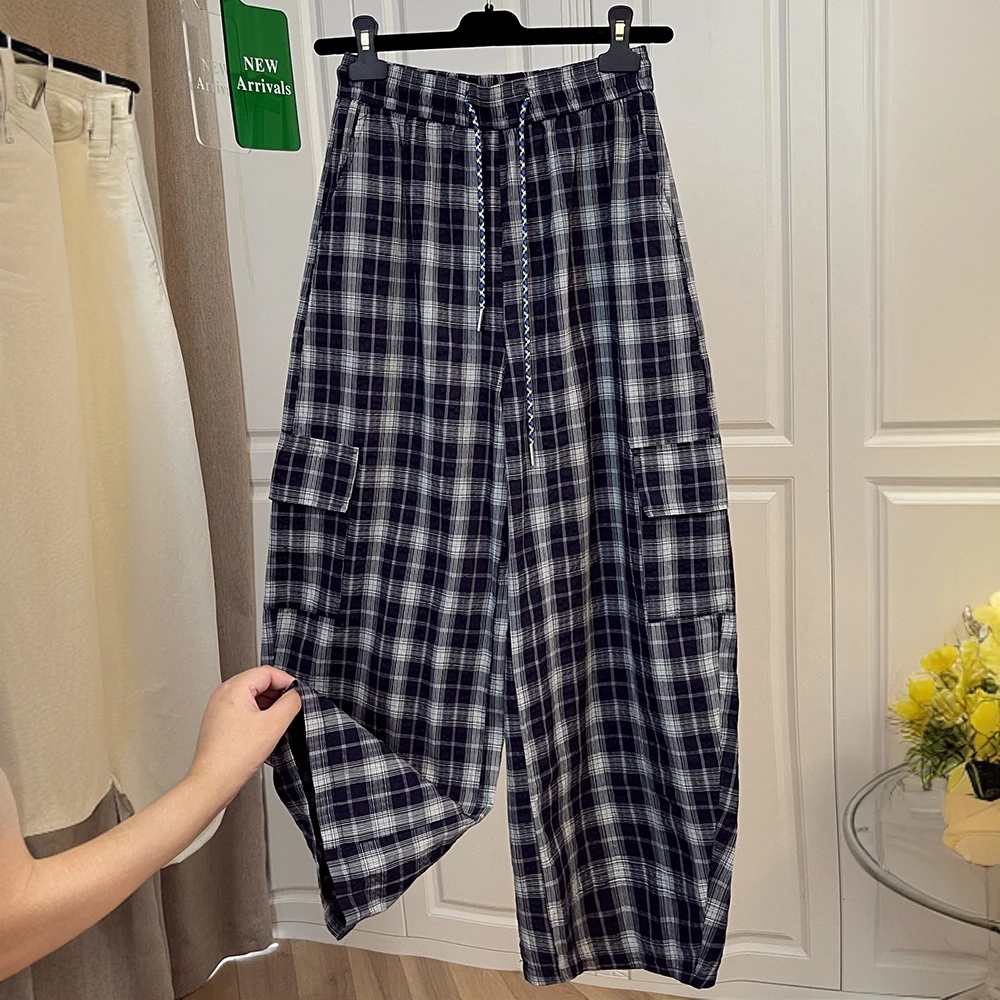 高级感松紧高腰抽绳阔腿弯刀裤女格子休闲长裤子2025夏季新款早秋