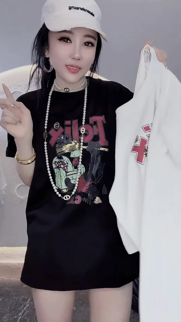 卡通字母印花短袖T恤后背蕾丝拼接时尚宽松中长款夏季上衣