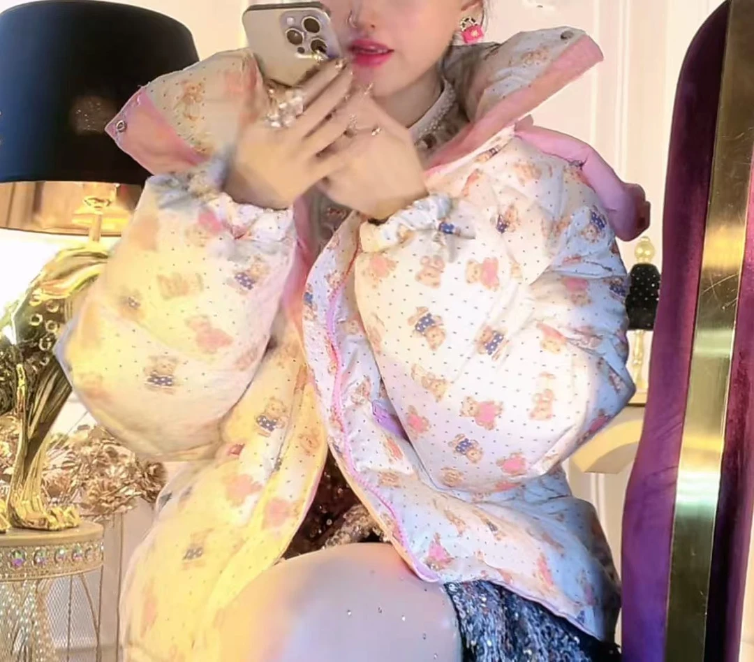 【联名款/贵妇年轻】新款卡通小熊碎花图保暖宽松连帽棉服棉衣棉服