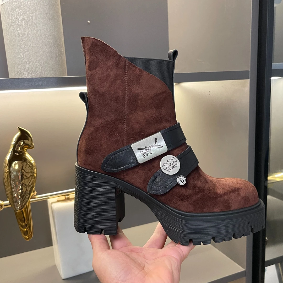 羊皮/9cm/秋季新款小个子增高跟鞋厚底粗跟真皮舒适时尚女鞋短靴