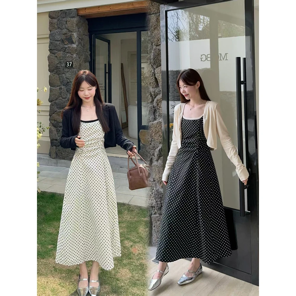 【小曹大码】设计感撞色收腰显瘦遮肚波点吊带连衣裙套装-DWDM8261