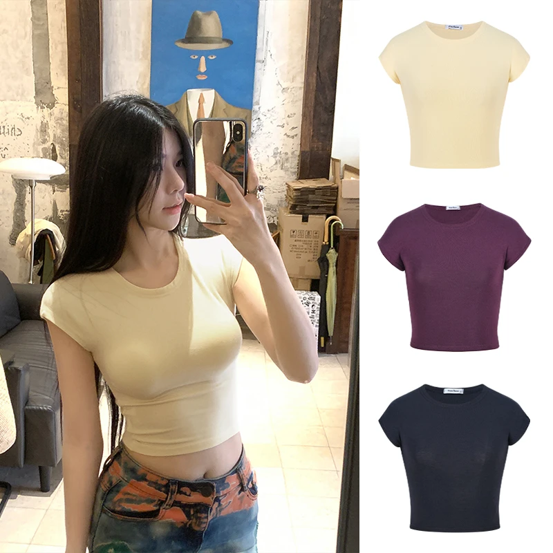 Moses Queen/魔西女王露脐短款上衣辣妹修身小飞袖圆领短袖T恤