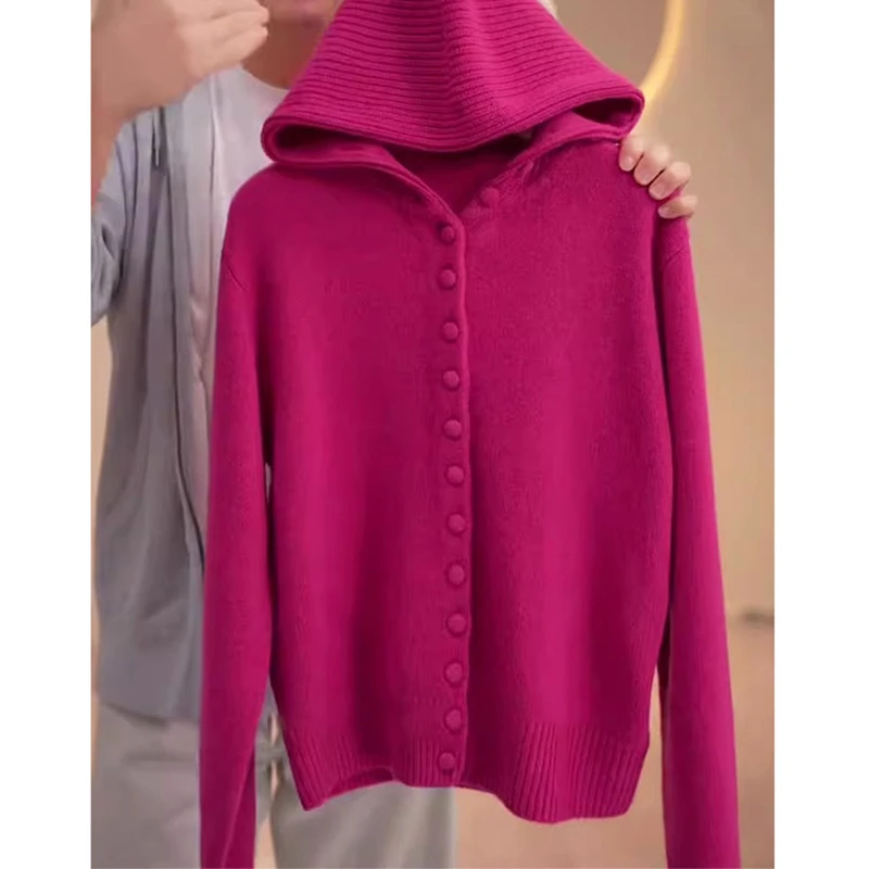 玫红色毛衣开衫女秋冬2024款网红款针织衫洋气休闲装连帽潮牌外套