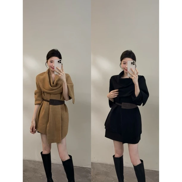 【颂宋】秋季纯色针织毛针织衫厚款毛衣围巾领复古衬衫上衣DT1669