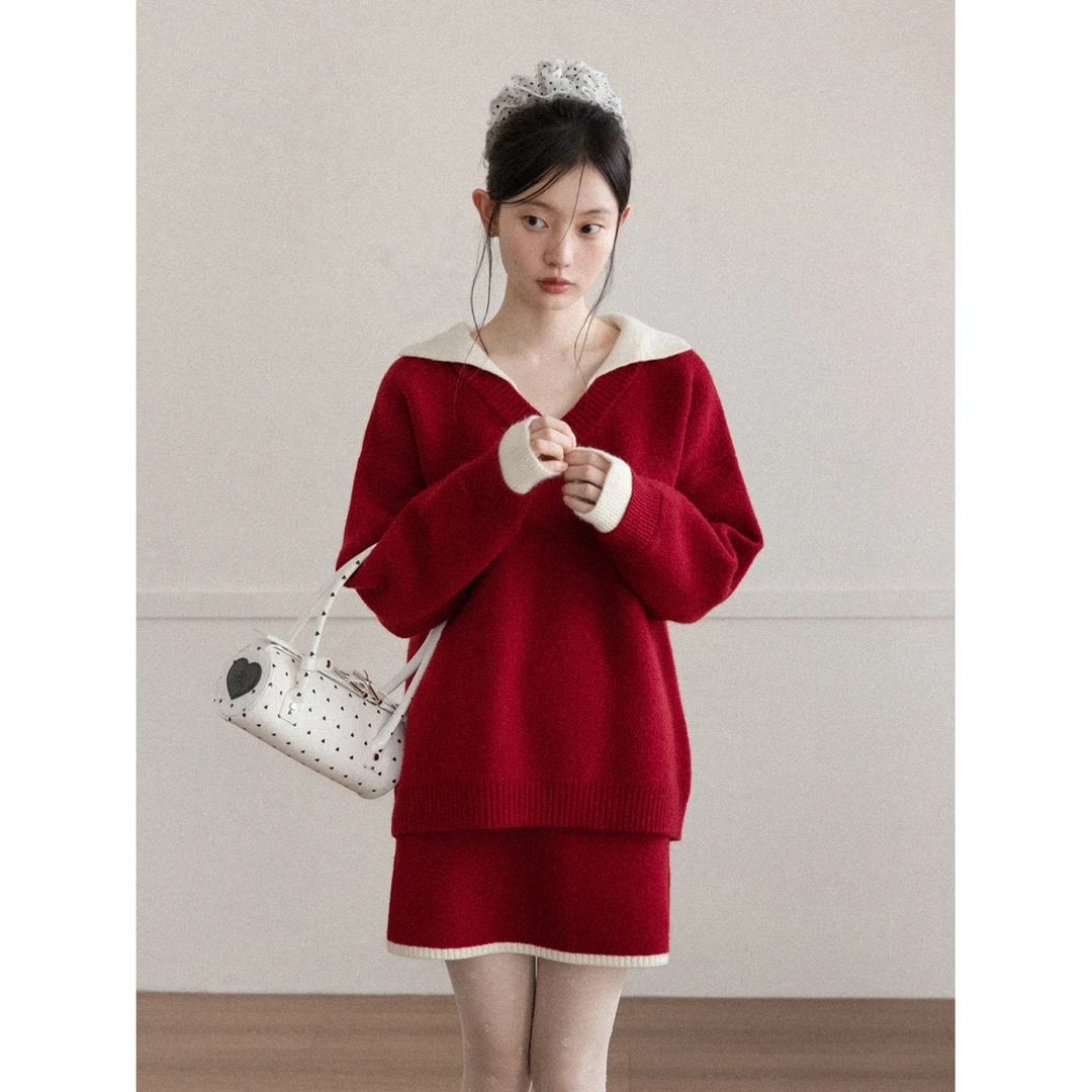 羊城故事-红色v领毛衣半身裙套装女氛围感针织两件套Y51256532