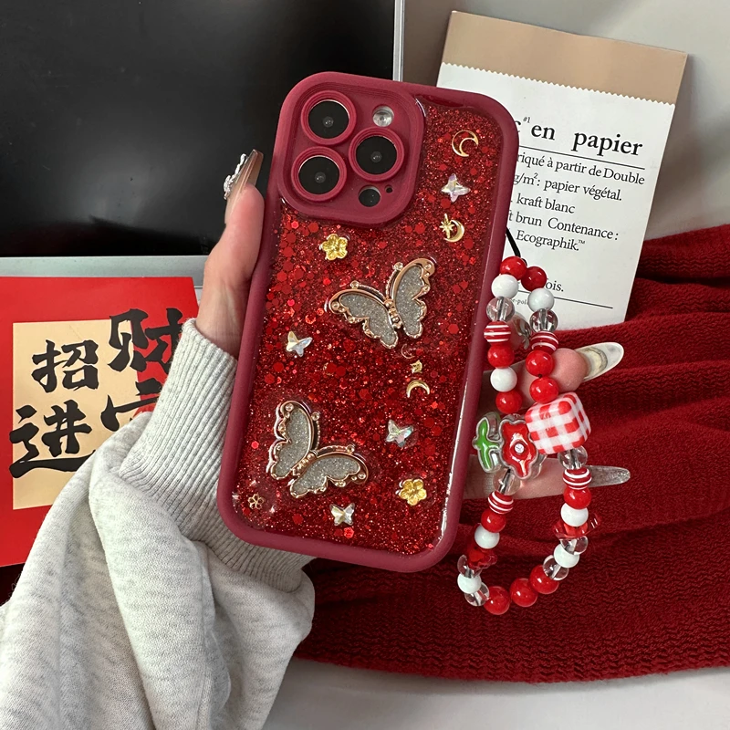 轻奢ins奢华蝴蝶手机壳酒红适用苹果15华为oppo小米vivo荣耀防摔