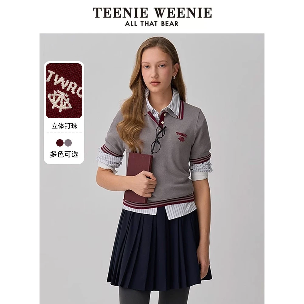 TeenieWeenie小熊25春新款学院字母刺绣毛衣短袖TTKW256306N