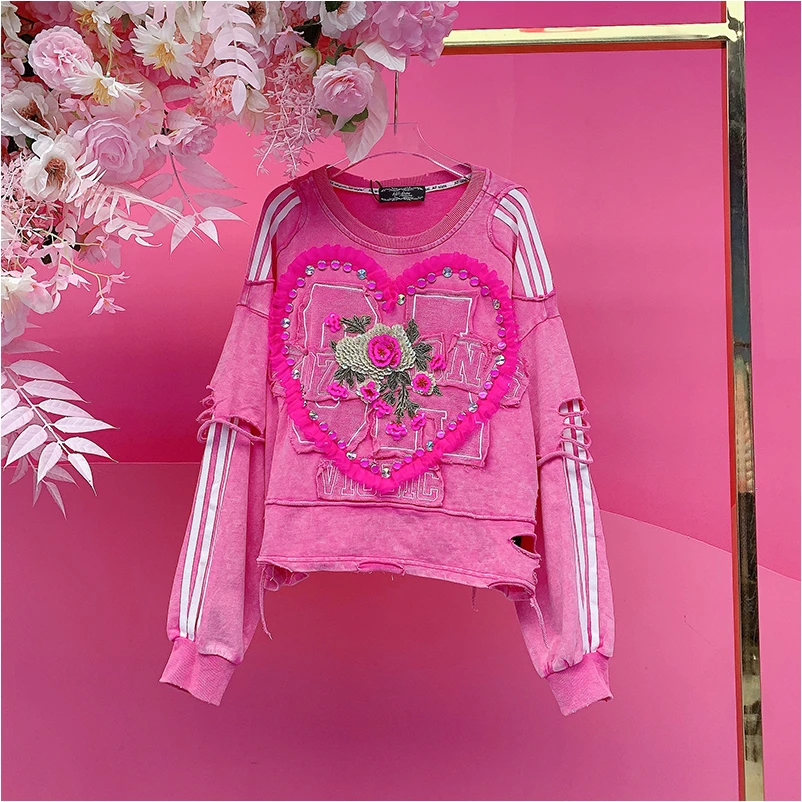 A3723欧美设计师2025秋季新款重工刺绣亮片爱心拼纱破烂休闲卫衣