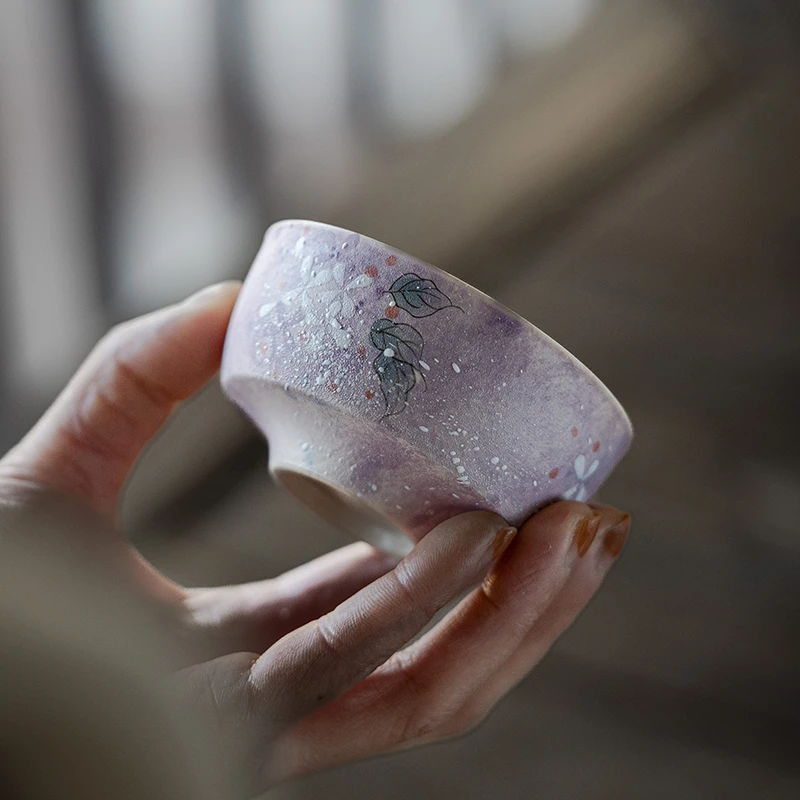 紫凝宽口杯手绘陶瓷茶杯高颜值精致粉引茶具女士办公室用
