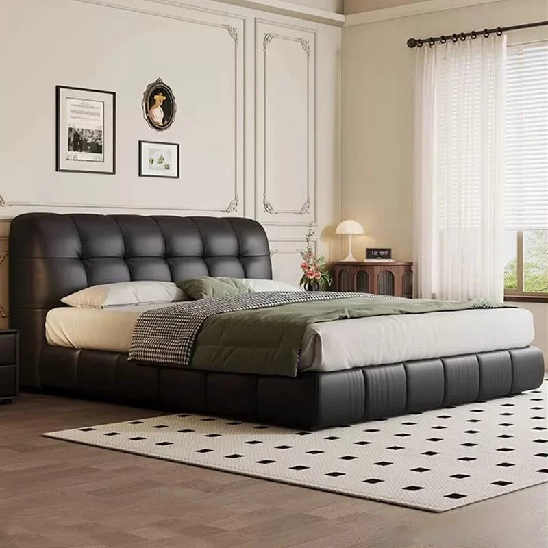 现代简约真皮床主卧室高端大气男女生单双人床网红ins黑色泡芙床
