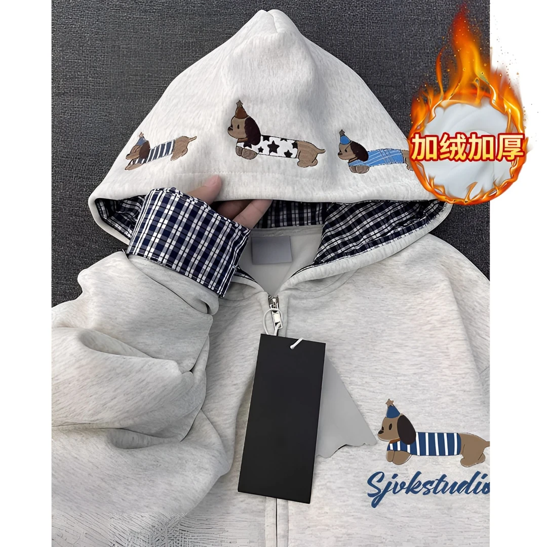 新款韩版可爱卡通刺绣连帽卫衣女宽松加绒加厚重磅百搭秋冬季外套