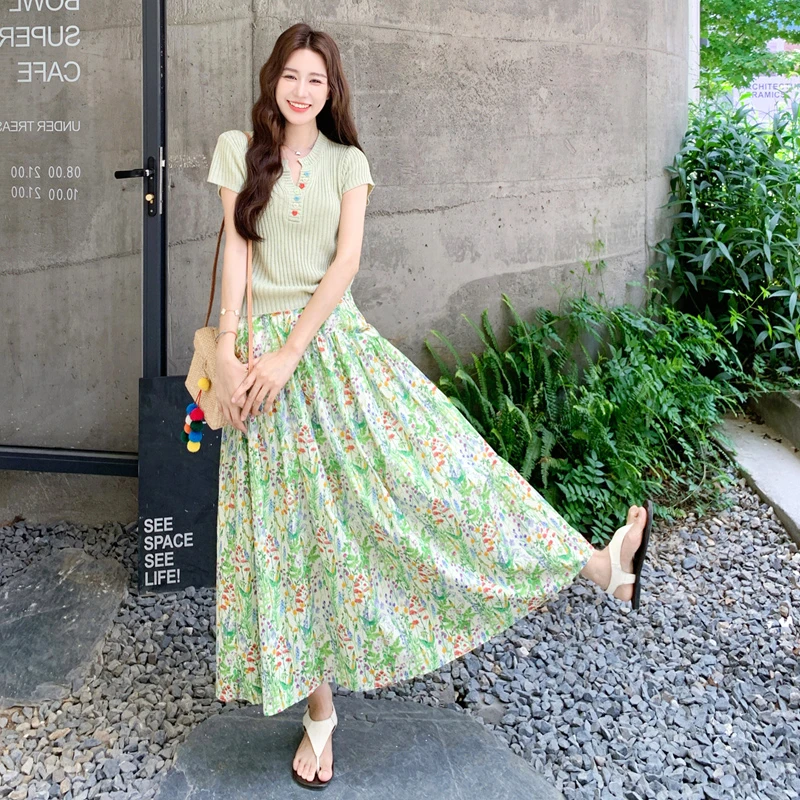 氛围感套装裙女2025夏季新款纯色针织上衣松紧腰碎花半身裙两件套