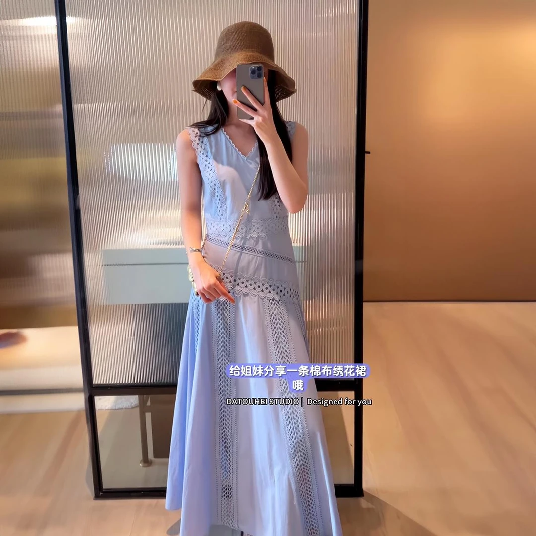 VOCKOO官方2025新款今年流行爆款超好看独特漂亮蓝色蕾丝拼接无袖